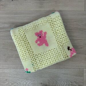 Handmade Vintage Yellow Crochet Cross-Stitch Nursery Baby Blanket